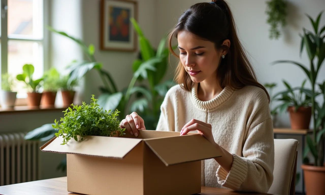 Mulher reaproveitando caixa de papelão em organizador estiloso.