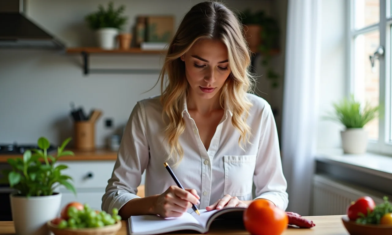 Mulher reavaliando escolhas alimentares e ajustando dieta.
