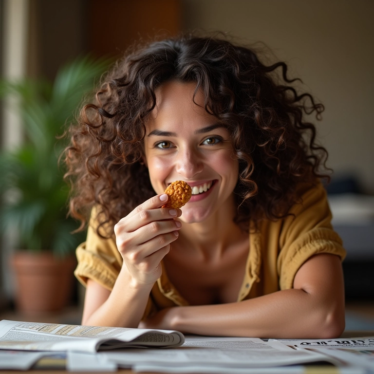 Mulher recompensando cachorro perto do jornal