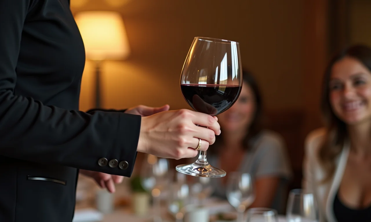 Mulher recusando uma taça de vinho em um evento social.