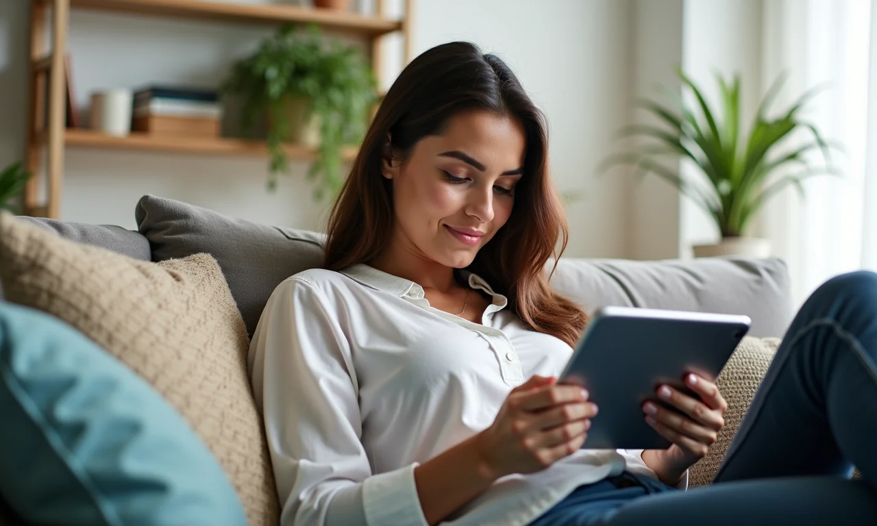 Mulher relaxada planejando refeições com cardápio inteligente.