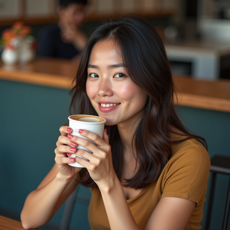 Mulher relaxada tomando café, sem forçar interações, aproveitando o momento presente.