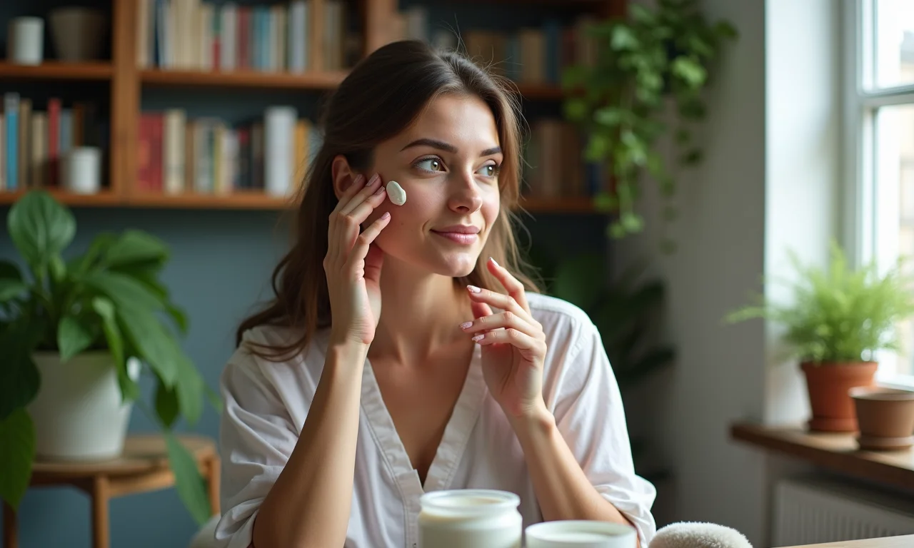 Mulher relaxando em casa com curativo cirúrgico.