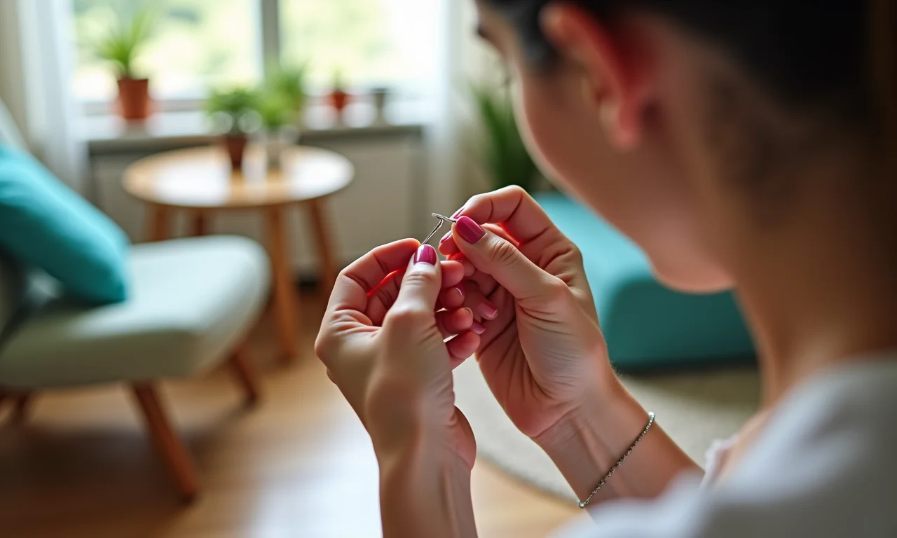 Mulher removendo unhas de gel em casa com ferramentas apropriadas.