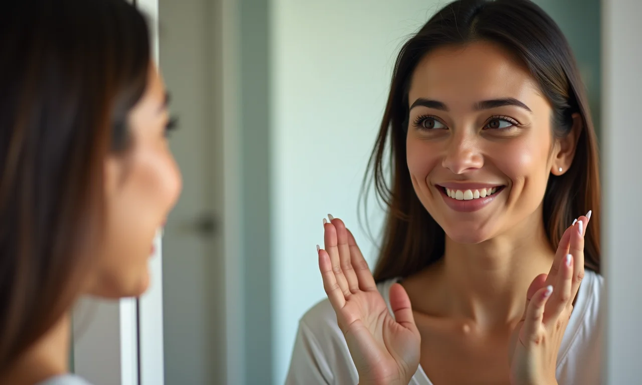 Mulher repetindo afirmações positivas para si mesma antes da viagem astral.