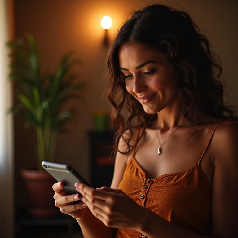 Mulher respondendo a comentários no Instagram, demonstrando interação com a comunidade em um ambiente aconchegante.