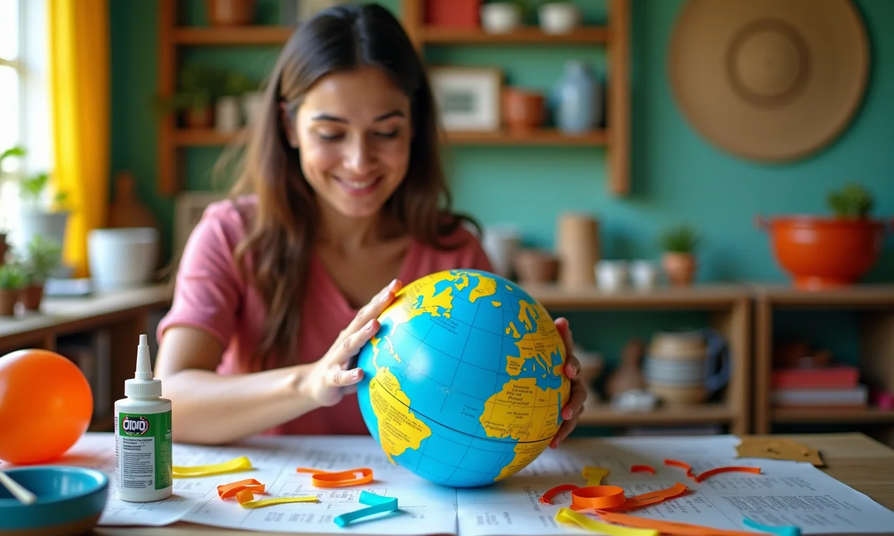 Mulher reunindo materiais para fazer um globo de bexiga em ambiente colorido.