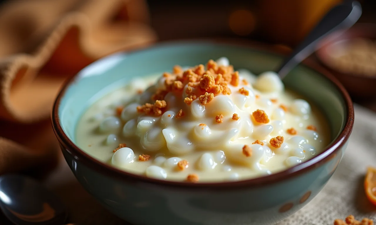 Mulher saboreando arroz doce cremoso.