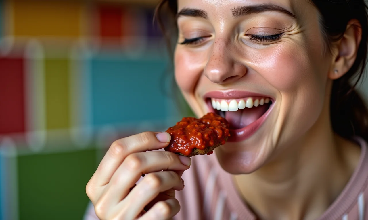 Mulher saboreando molho de carne caseiro.