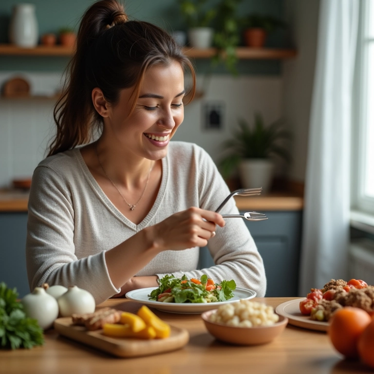 Mulher saboreando refeição leve após colonoscopia.