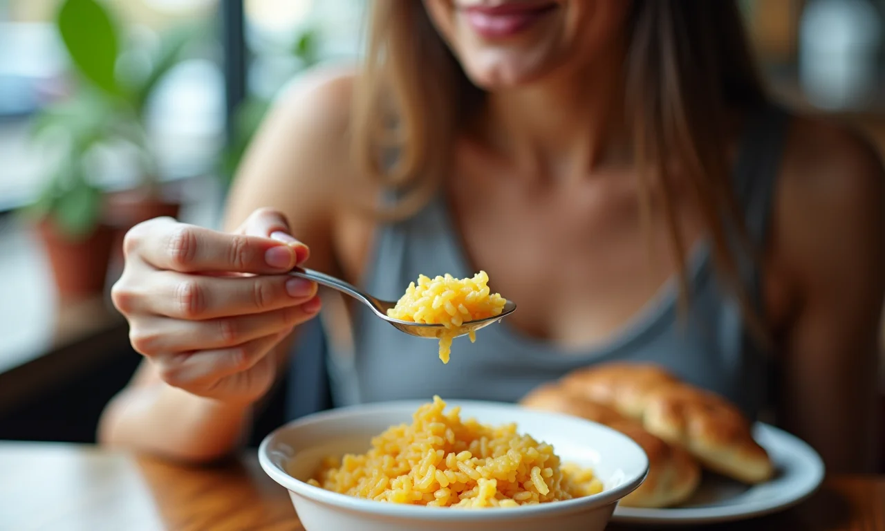 Mulher saboreando uma porção de arroz doce.