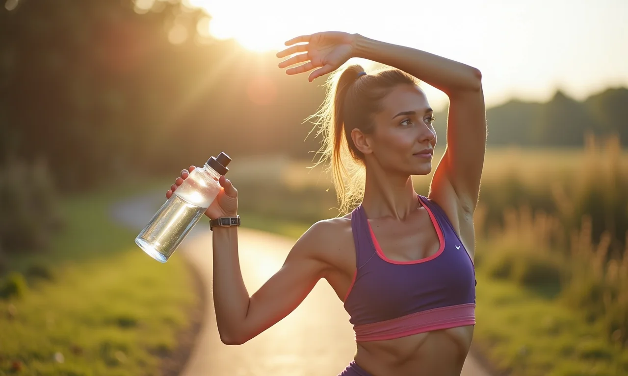 Mulher se alongando ao ar livre, com garrafa de água.