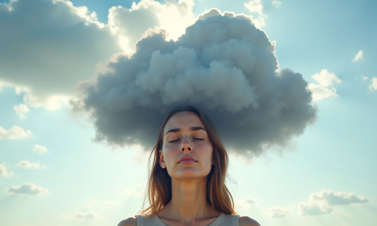 Mulher se libertando de preocupações, representadas como nuvens escuras se dissipando.