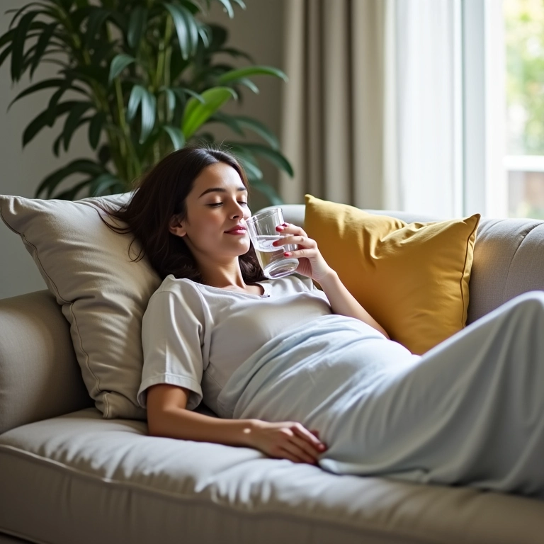 Mulher se recuperando da colonoscopia em casa.