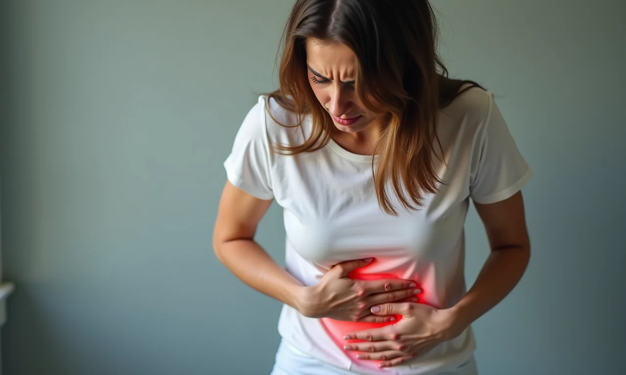 Mulher segurando a barriga com expressão de dor, representando cólicas intestinais.