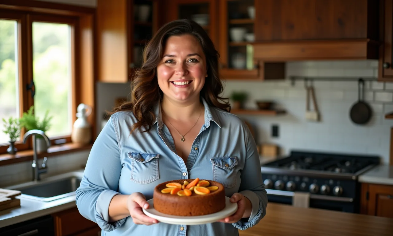 Mulher segurando bolo de cenoura fofinho.
