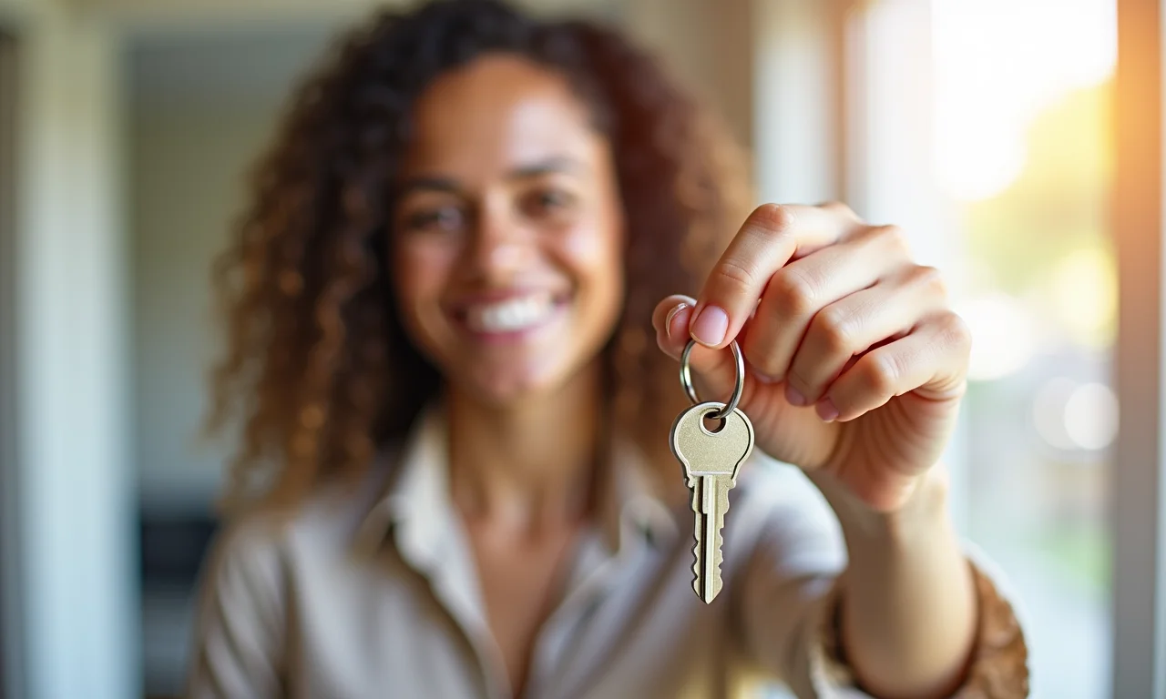 Mulher segurando chaves de casa. Saque do FGTS para compra da casa própria.