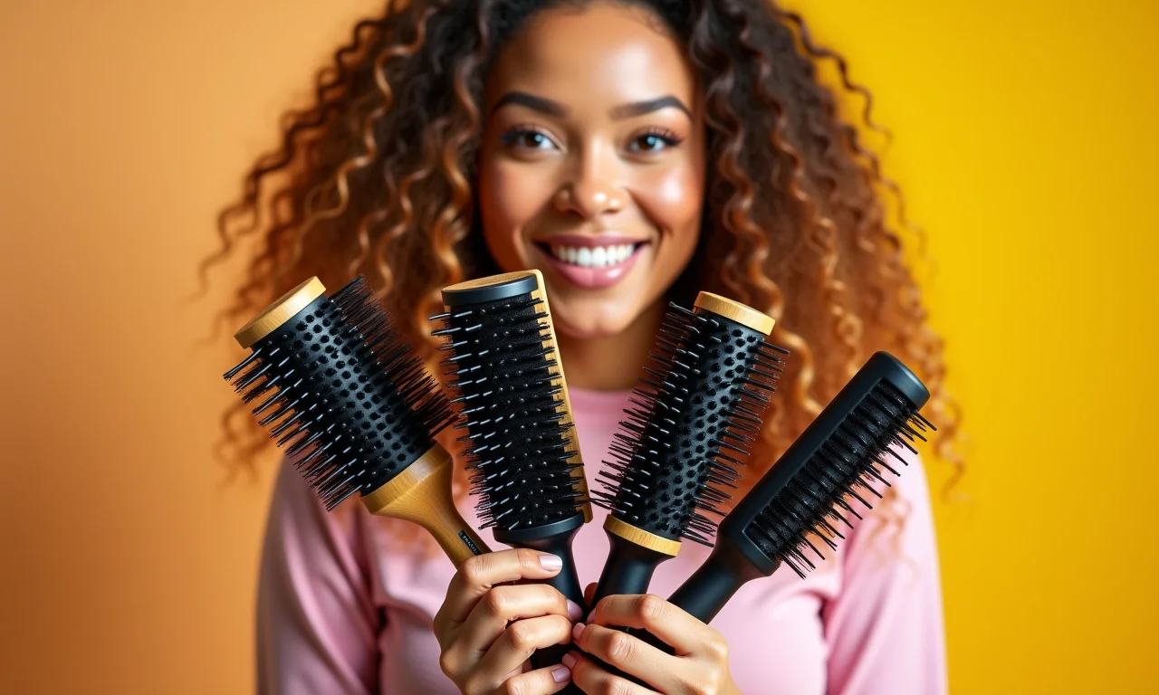Mulher segurando diferentes tipos de escovas de cabelo em um ambiente vibrante.