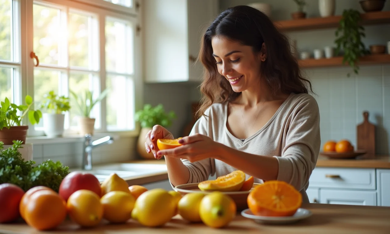 Mulher selecionando cubius em uma cozinha ensolarada, representando os benefícios da fruta para a saúde.