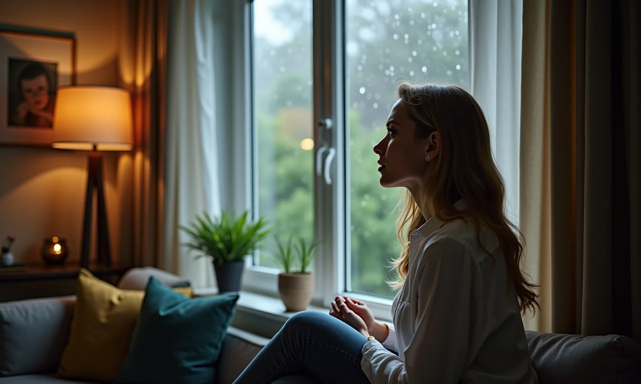 Mulher sentindo saudade em um dia chuvoso, refletindo sobre o passado.