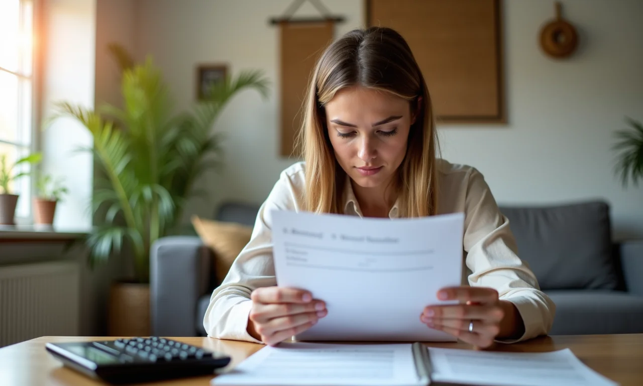 Mulher sobrecarregada com documentos de financiamento de carro em casa.