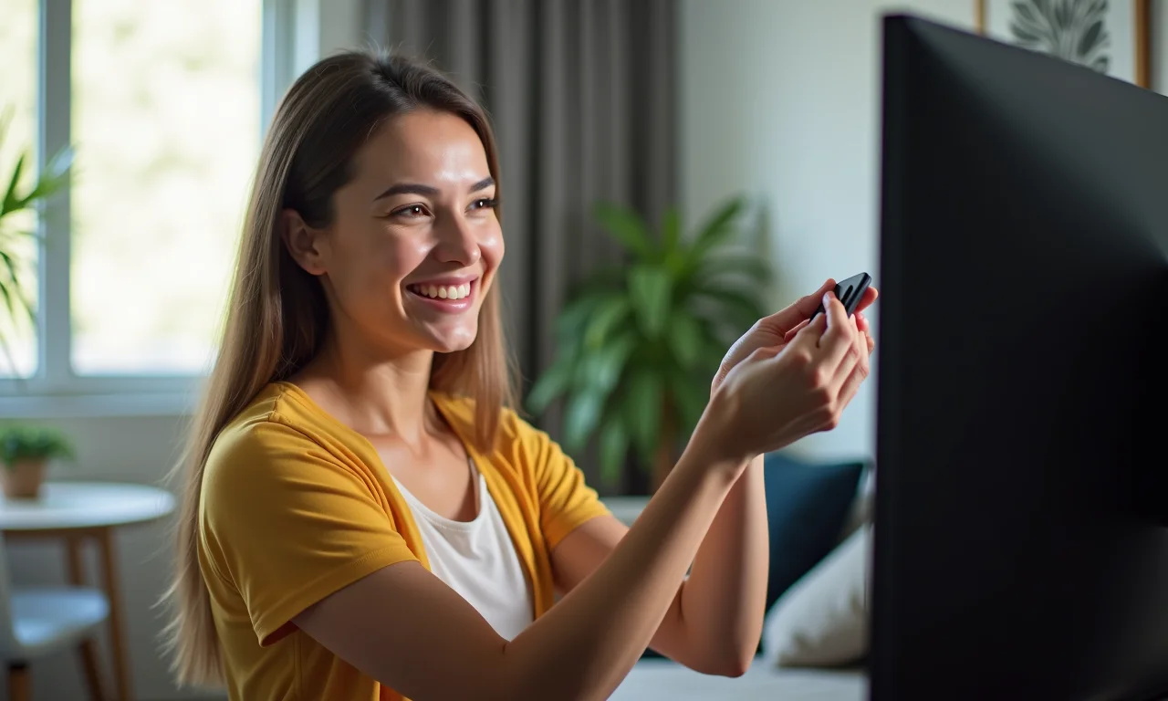 Mulher sorrindo ao configurar adaptador Wi-Fi na TV.
