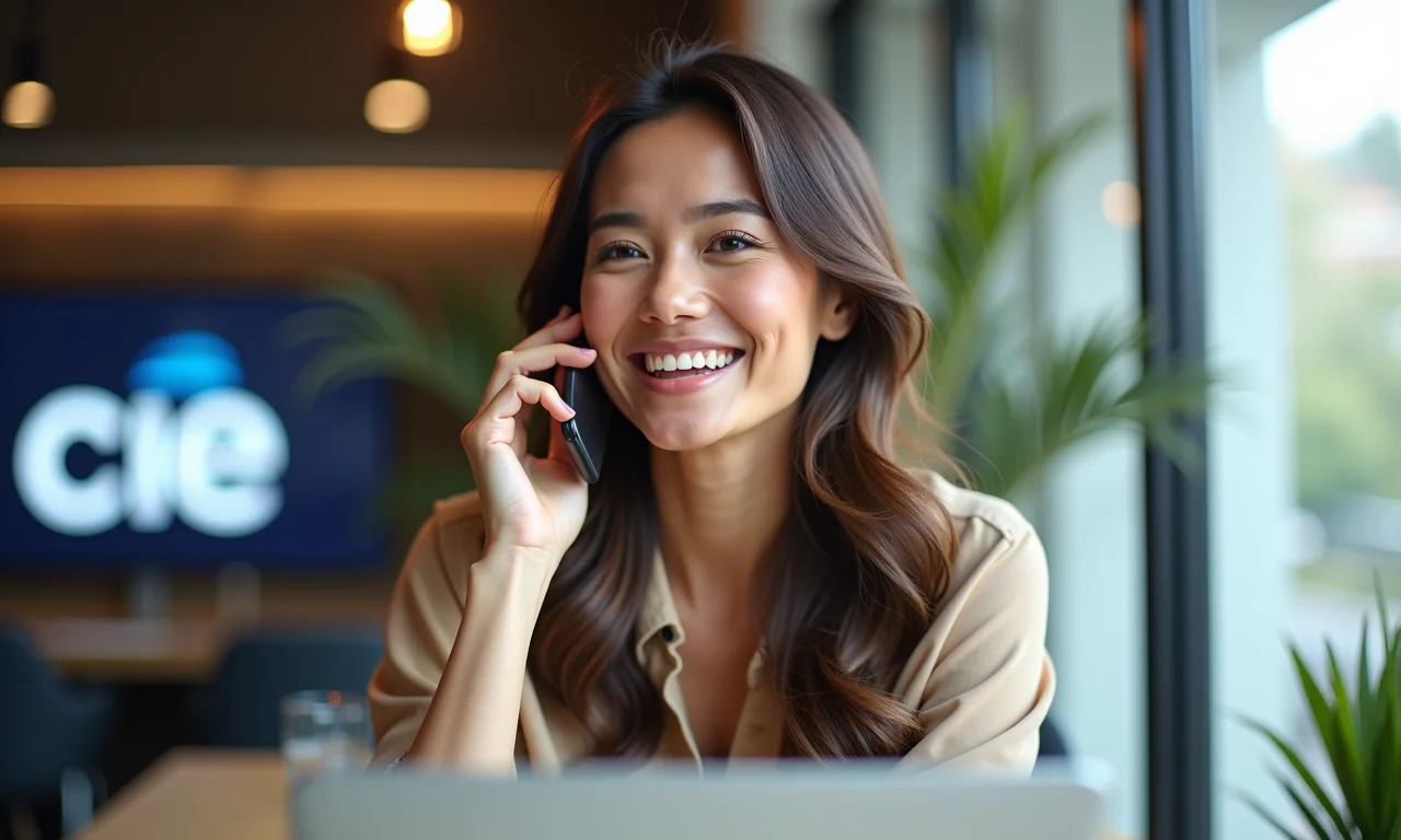 Mulher sorrindo ao telefone, com tela de laptop mostrando confirmação do CIEE.