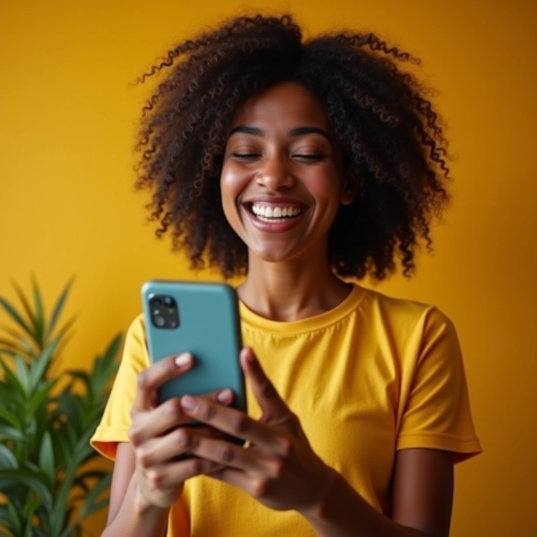 Mulher sorrindo ao ver cashback do CPF na nota no celular.