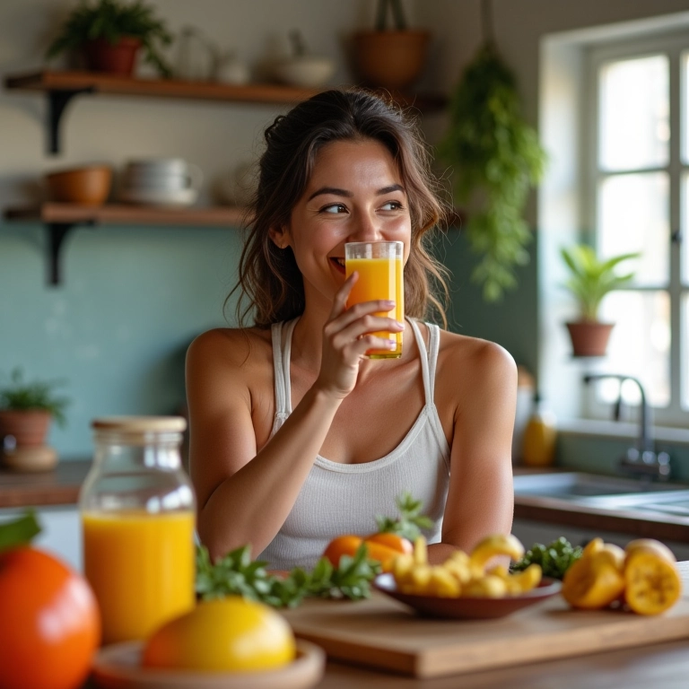 Mulher sorrindo bebendo suco de cajarana no café da manhã.