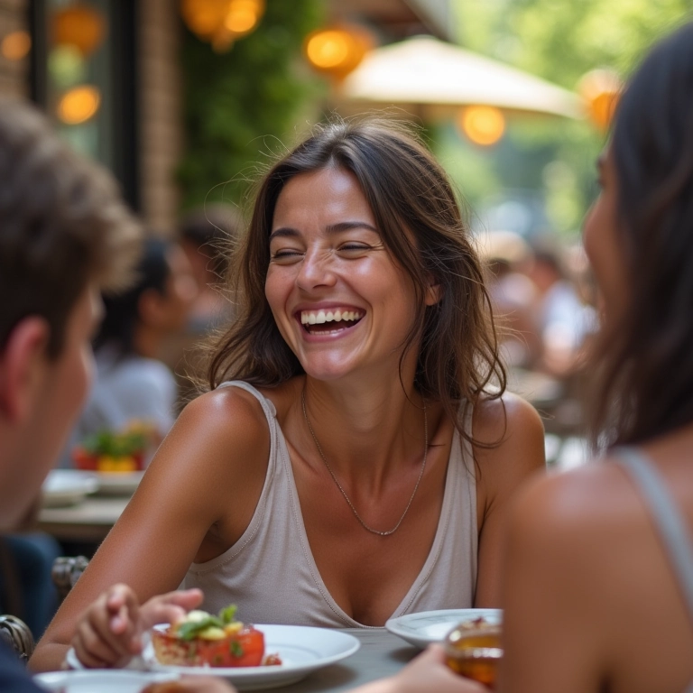 Mulher sorrindo com amigos em um café, demonstrando uma vida social ativa e feliz.