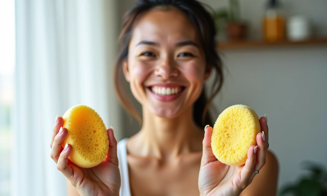 Mulher sorrindo com esponjas de banho artesanais.