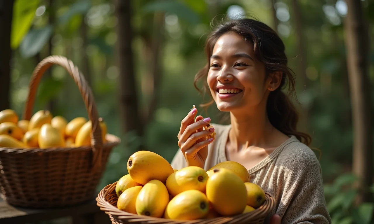 Mulher sorrindo com gabirobas, representando os benefícios da fruta para a saúde.