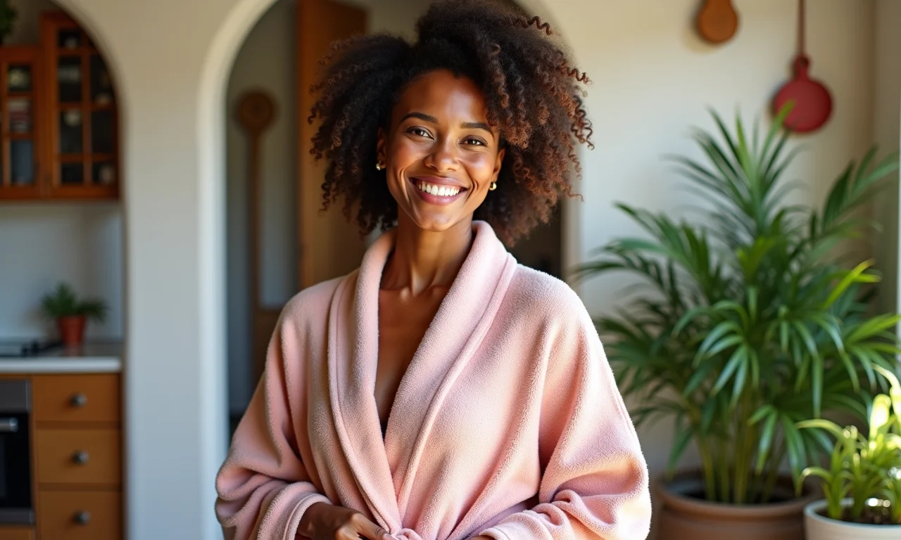 Mulher sorrindo com roupão feito em casa.