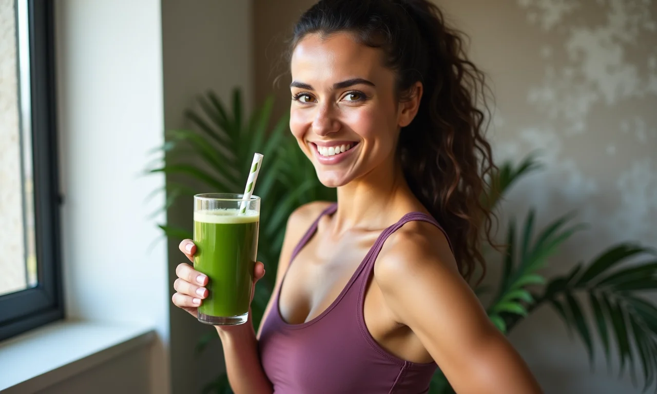 Mulher sorrindo com suco detox verde, estilo de vida saudável.