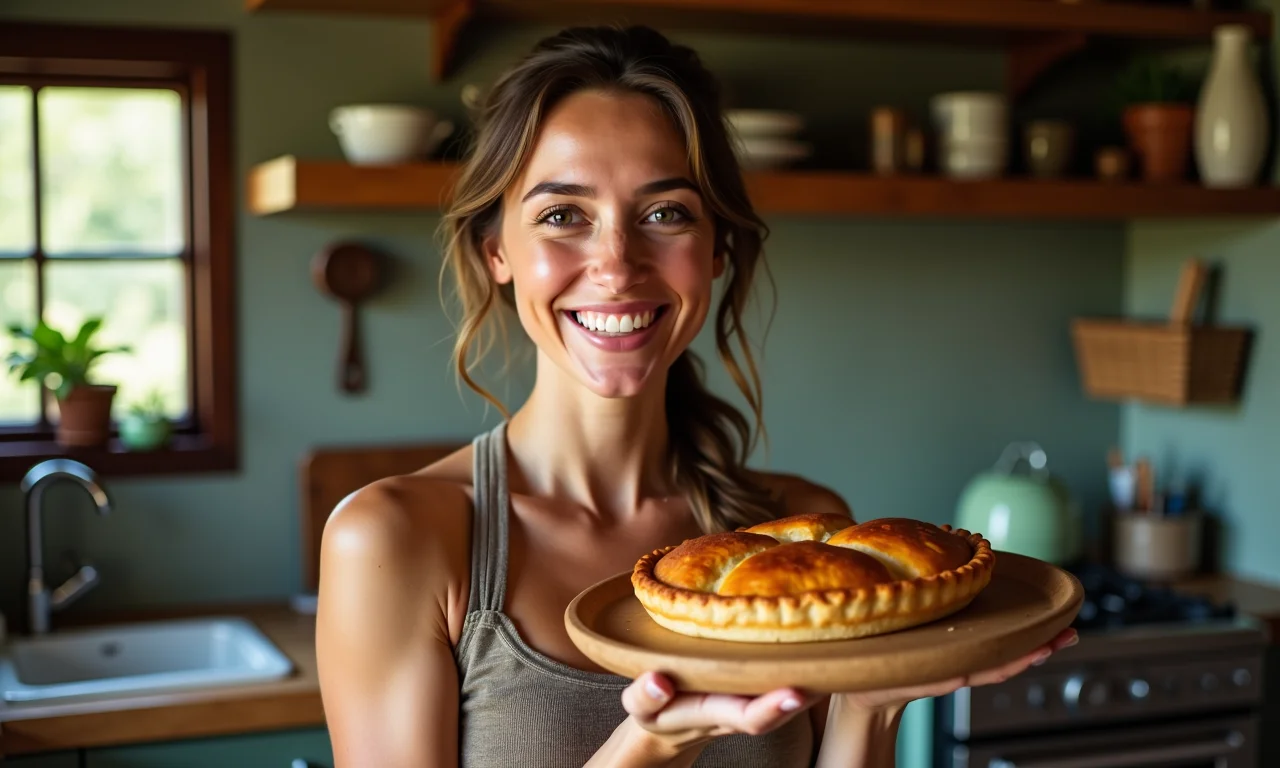 Mulher sorrindo com torta de carne caseira.