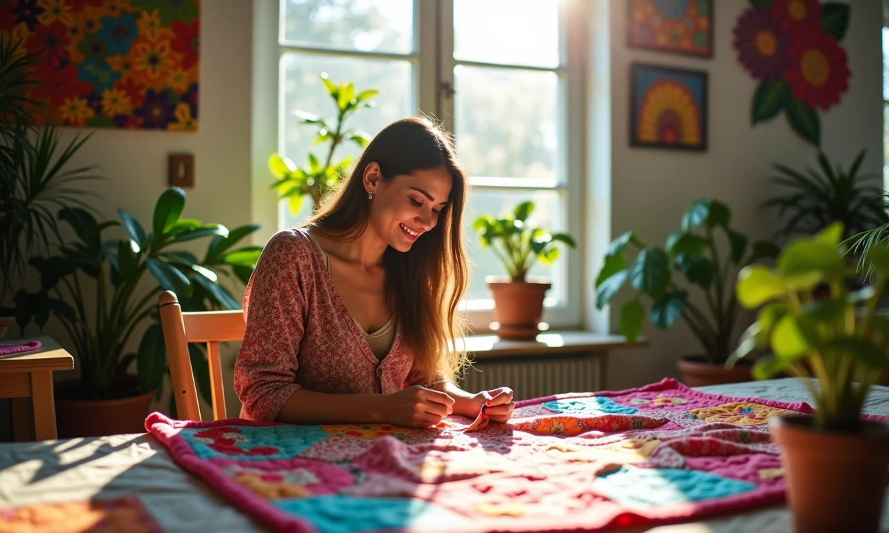 Mulher sorrindo costurando colcha em estúdio iluminado.