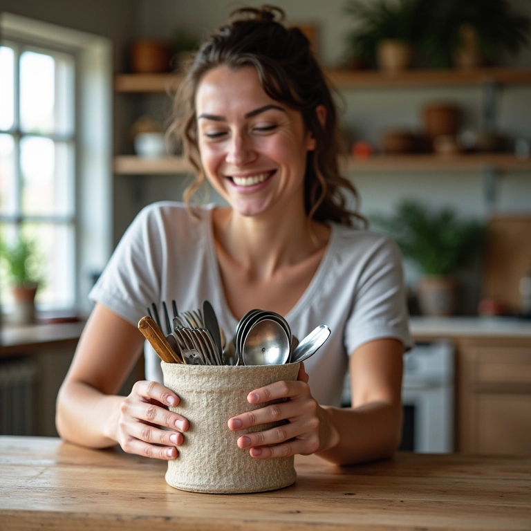 Mulher sorrindo criando organizador de talheres DIY.