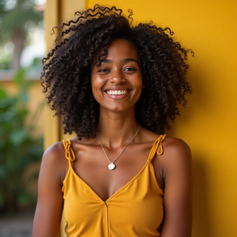 Mulher sorrindo e criando conteúdo para o Instagram, expressando sua autenticidade e estilo brasileiro.
