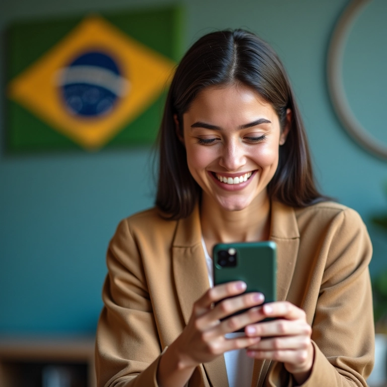 Mulher sorrindo edita vídeo no CapCut.