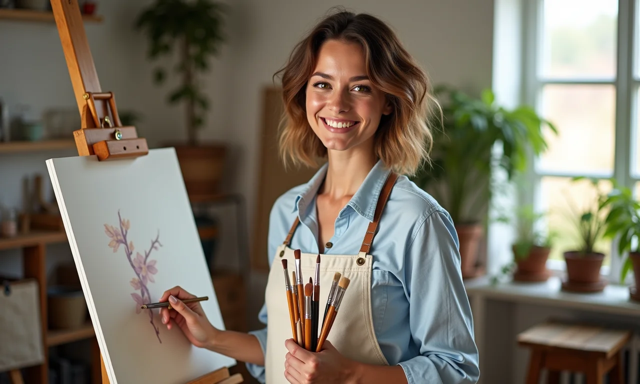 Mulher sorrindo em ateliê colorido com cavalete DIY.