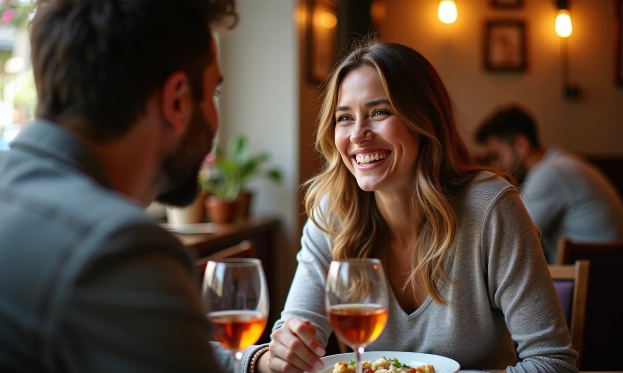Mulher sorrindo em um encontro, experimentando novas conexões.