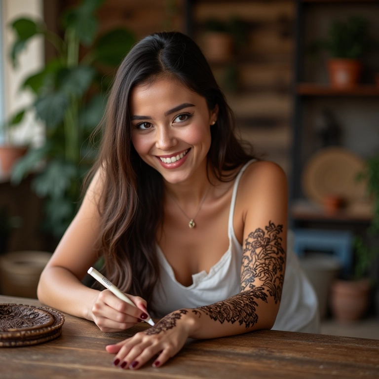 Mulher sorrindo enquanto aplica henna em casa.