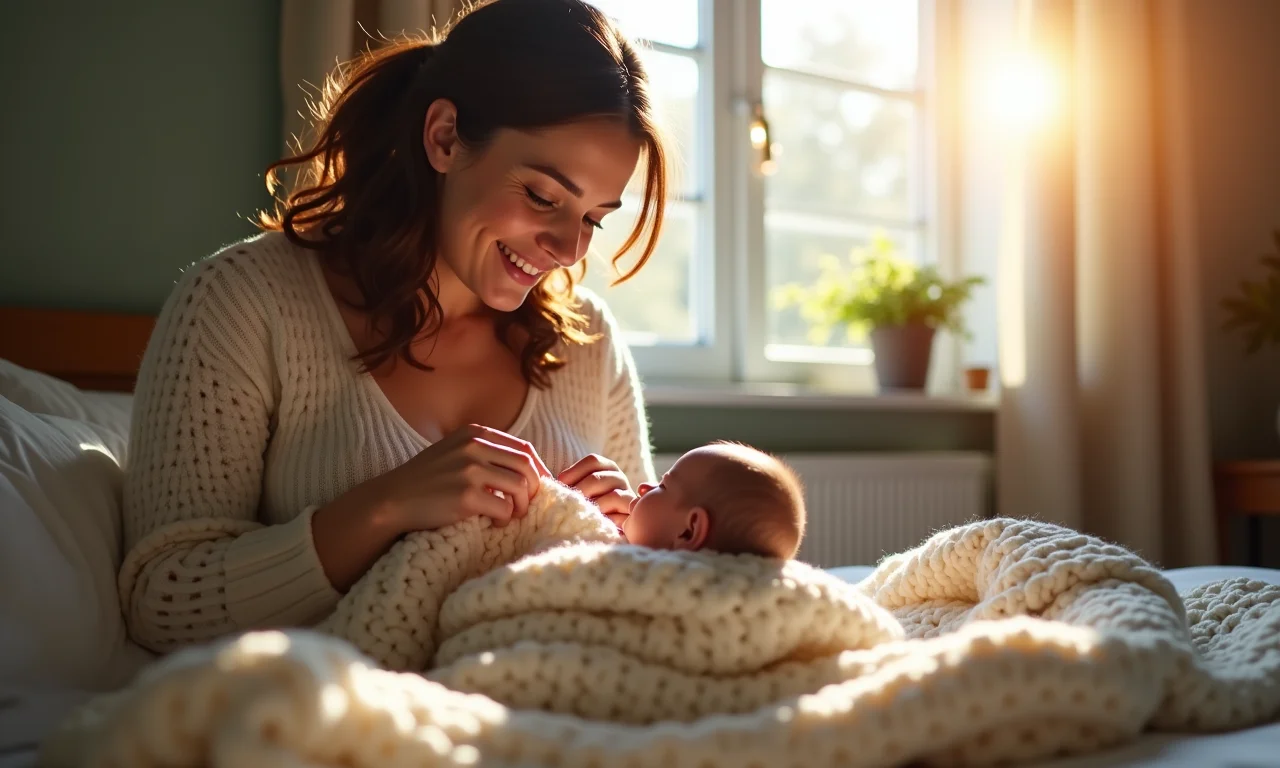 Mulher sorrindo enquanto faz manta de crochê para bebê.