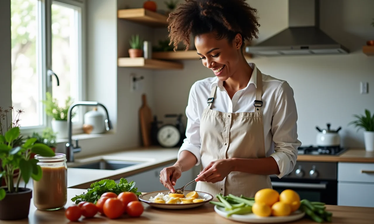 Mulher sorrindo enquanto organiza os ingredientes para o brunch em uma cozinha limpa e organizada.