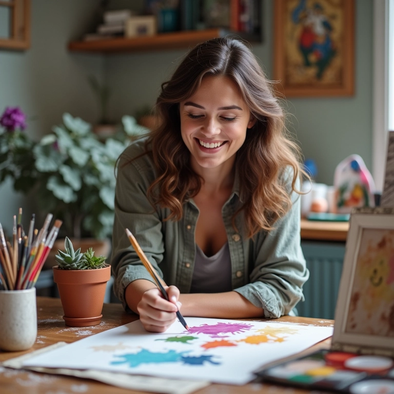 Mulher sorrindo enquanto pinta, encontrando paixão em um novo hobby.