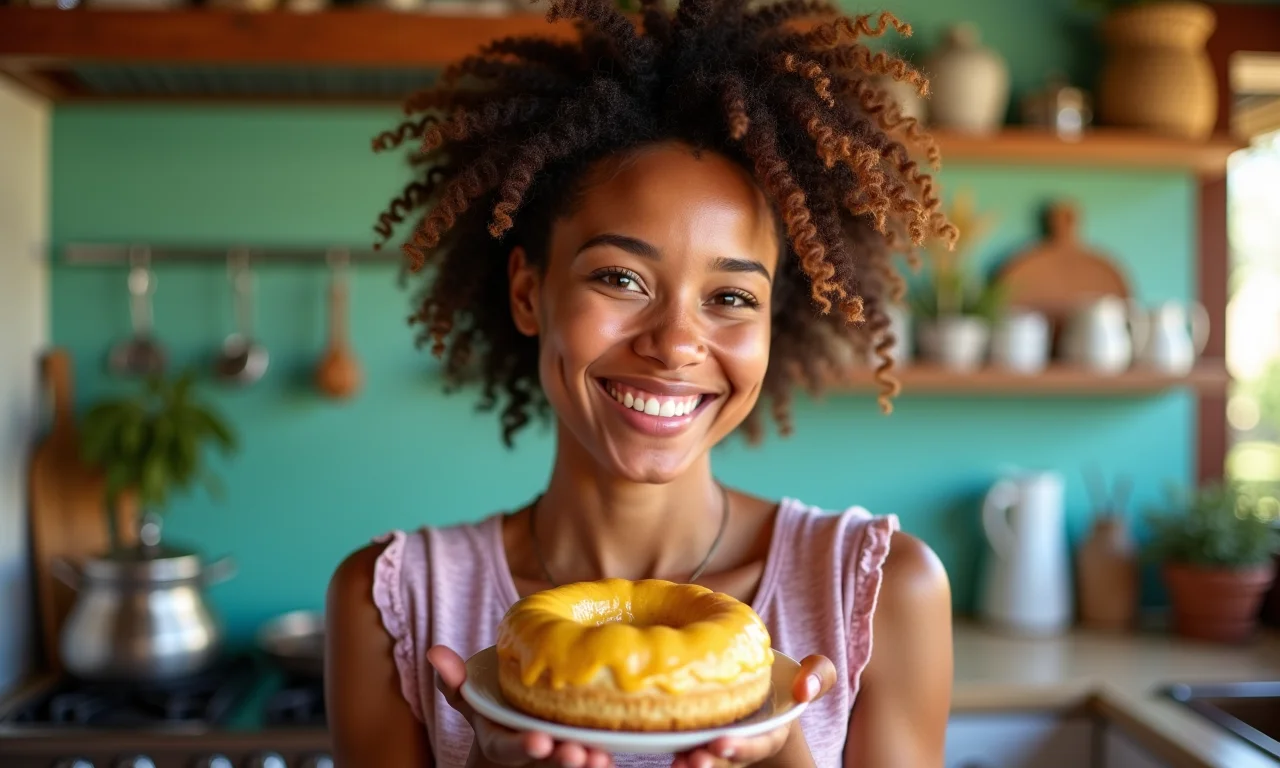 Mulher sorrindo enquanto prepara um dacquoise em uma cozinha brasileira vibrante.