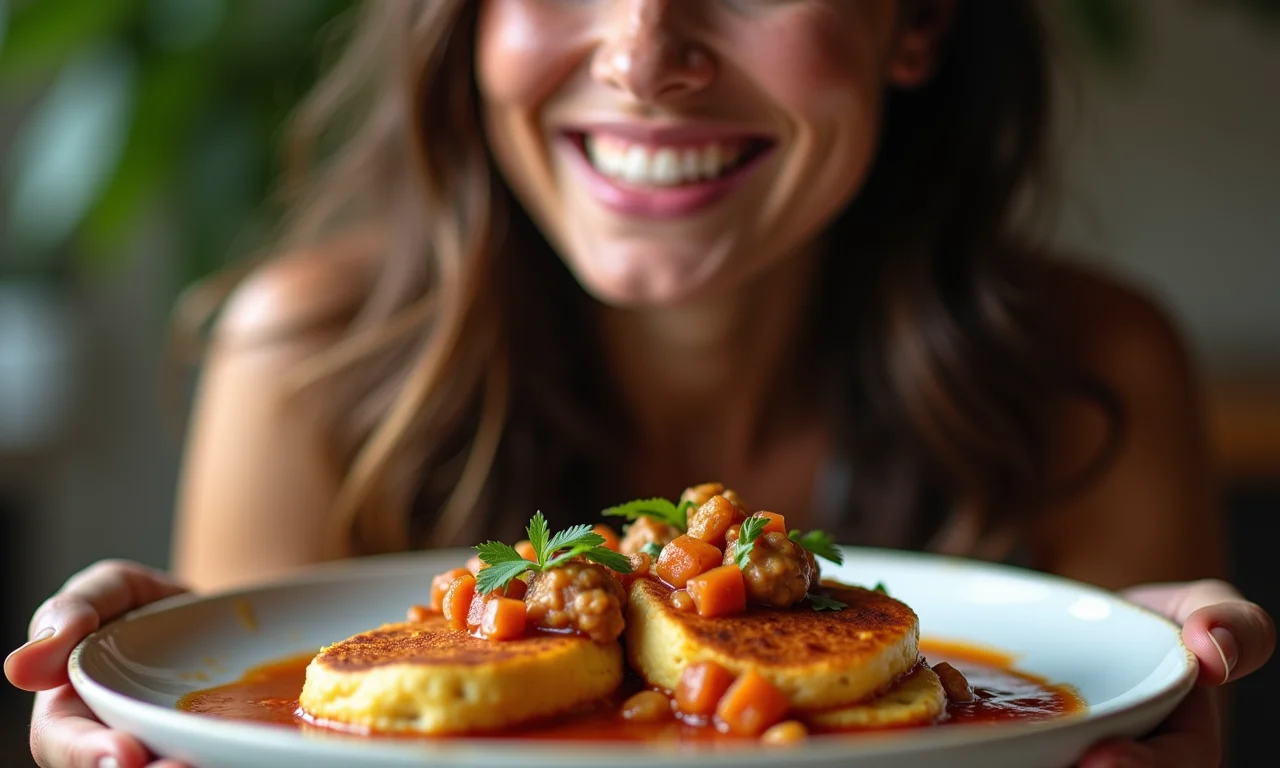 Mulher sorrindo enquanto saboreia panquecas de carne moída.