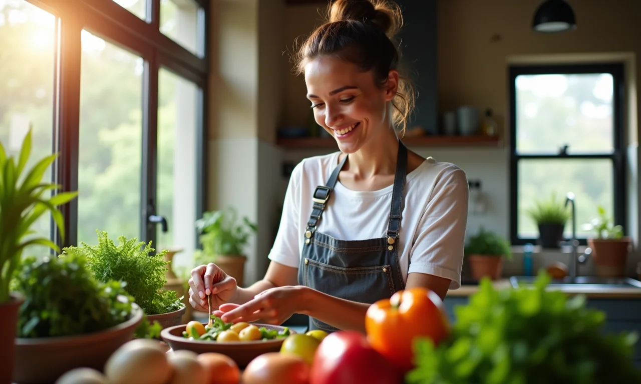 Mulher sorrindo escolhendo ingredientes para sopa fria na cozinha.