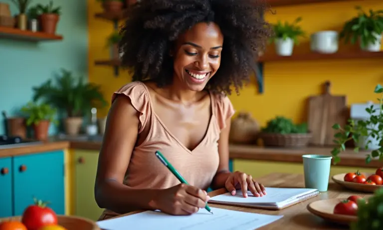 Mulher sorrindo escrevendo lista de compras em cozinha vibrante.