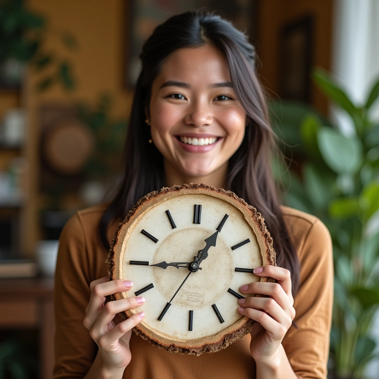 Mulher sorrindo exibe relógio de parede personalizado, alegria do DIY.